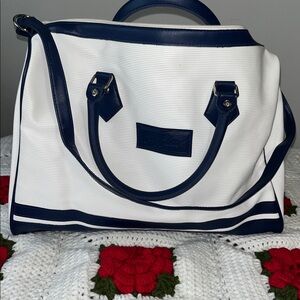 Bill Blass Vintage Vinyl White Blue Bowler Purse textured canvas large bag